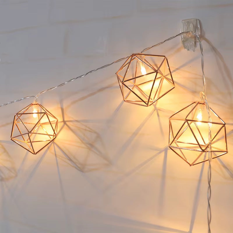 1.5M/3M Rose Gold Retro Iron Fairy String Lights Nordic Geometric Shape Christmas Wedding Party Home Decor Lantern String Lamp