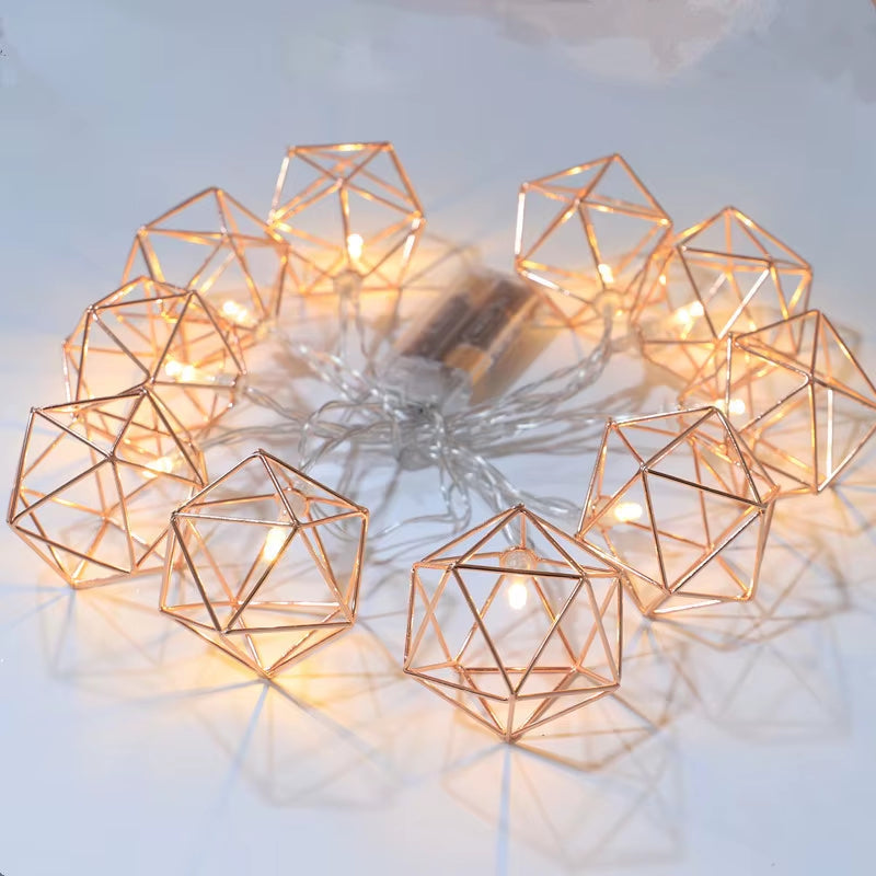 1.5M/3M Rose Gold Retro Iron Fairy String Lights Nordic Geometric Shape Christmas Wedding Party Home Decor Lantern String Lamp