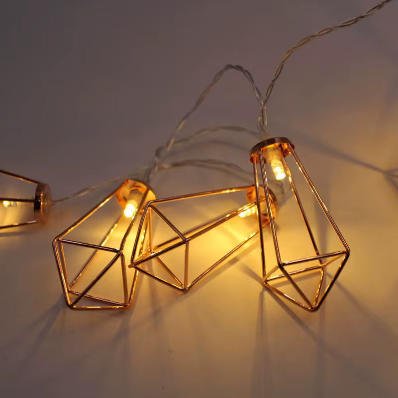 1.5M/3M Rose Gold Retro Iron Fairy String Lights Nordic Geometric Shape Christmas Wedding Party Home Decor Lantern String Lamp