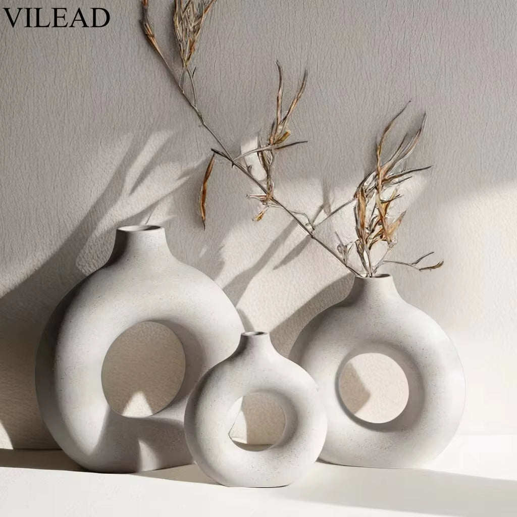 Circular Hollow Ceramic Vase Donuts Nordic Art Pampas Grass Home Decoration Accessories Office Living Room Interior Decor