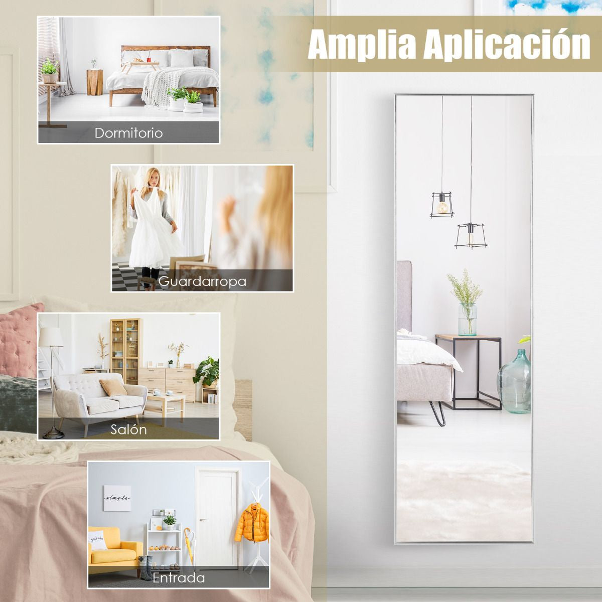 Espejo Colgante a La Puerta De Pared Marco De Aleación De Aluminio Cristal Irrompible 120 X 37 Cm Plateado