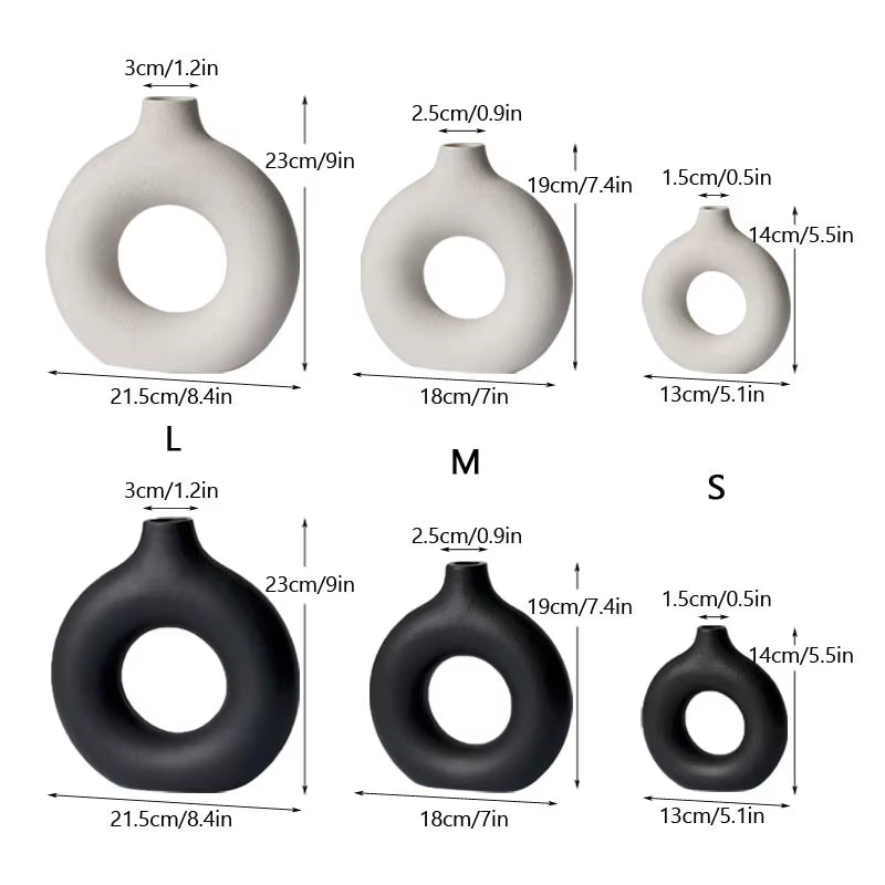 Circular Hollow Ceramic Vase Donuts Nordic Art Pampas Grass Home Decoration Accessories Office Living Room Interior Decor