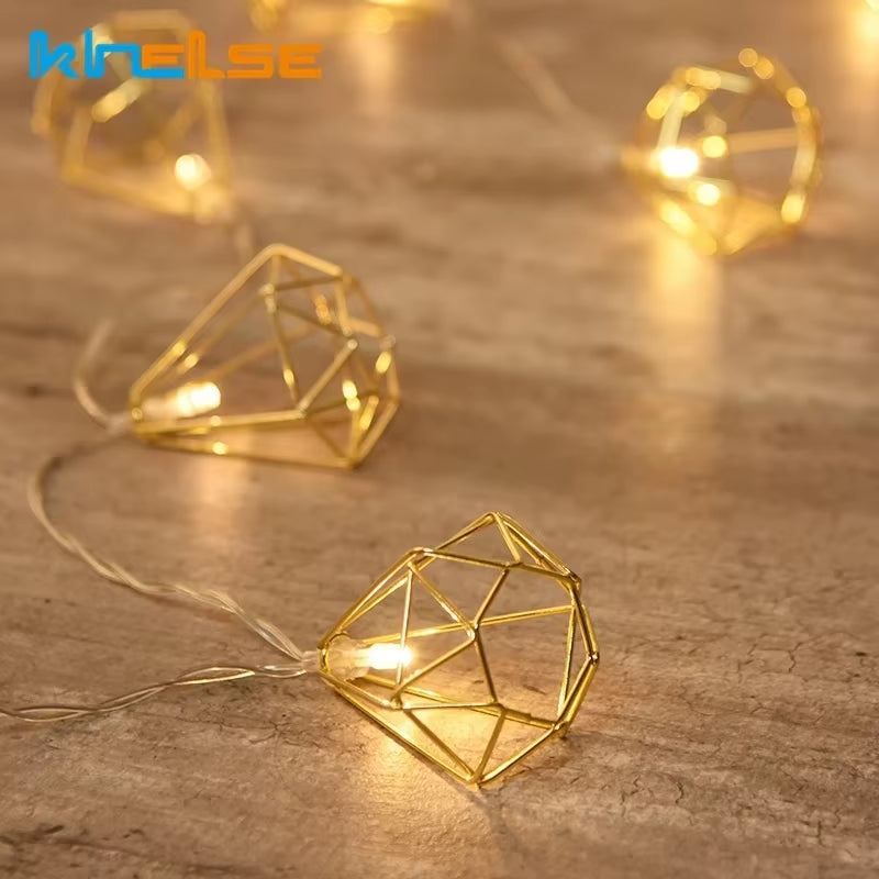 1.5M/3M Rose Gold Retro Iron Fairy String Lights Nordic Geometric Shape Christmas Wedding Party Home Decor Lantern String Lamp