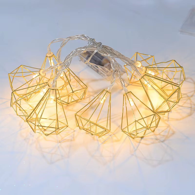 1.5M/3M Rose Gold Retro Iron Fairy String Lights Nordic Geometric Shape Christmas Wedding Party Home Decor Lantern String Lamp