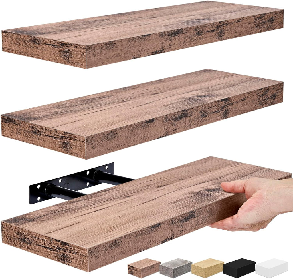 Floating Shelves for Kitchen, Bedroom, Bathroom Storage - Wall Mounted, over Toilet, Hanging Book Shelf for Living Room (Mahogany, 3 Pack)