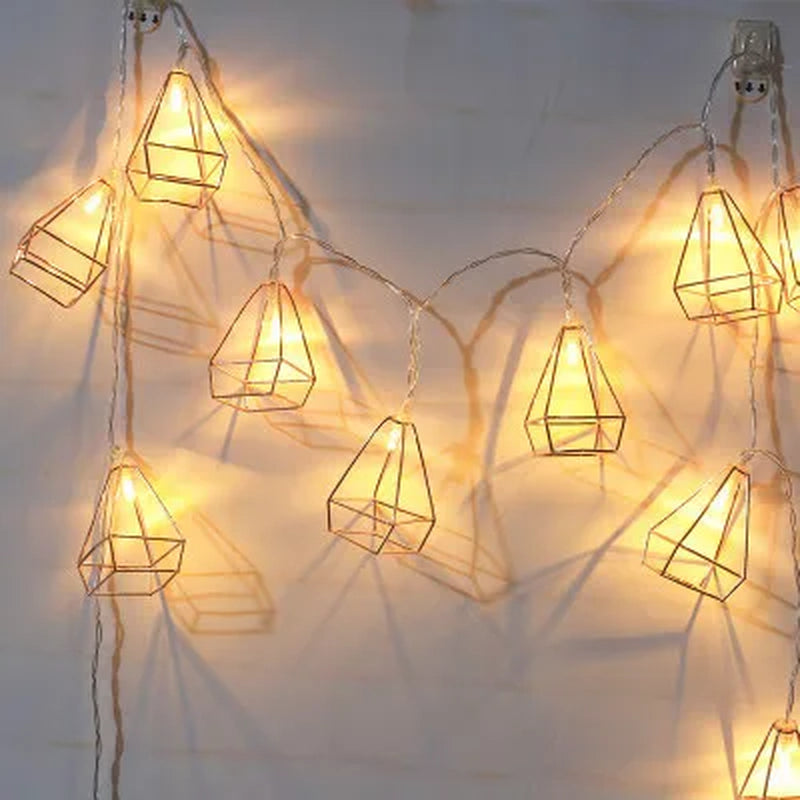 1.5M/3M Rose Gold Retro Iron Fairy String Lights Nordic Geometric Shape Christmas Wedding Party Home Decor Lantern String Lamp