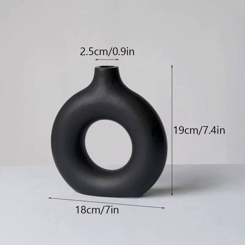 Circular Hollow Ceramic Vase Donuts Nordic Art Pampas Grass Home Decoration Accessories Office Living Room Interior Decor
