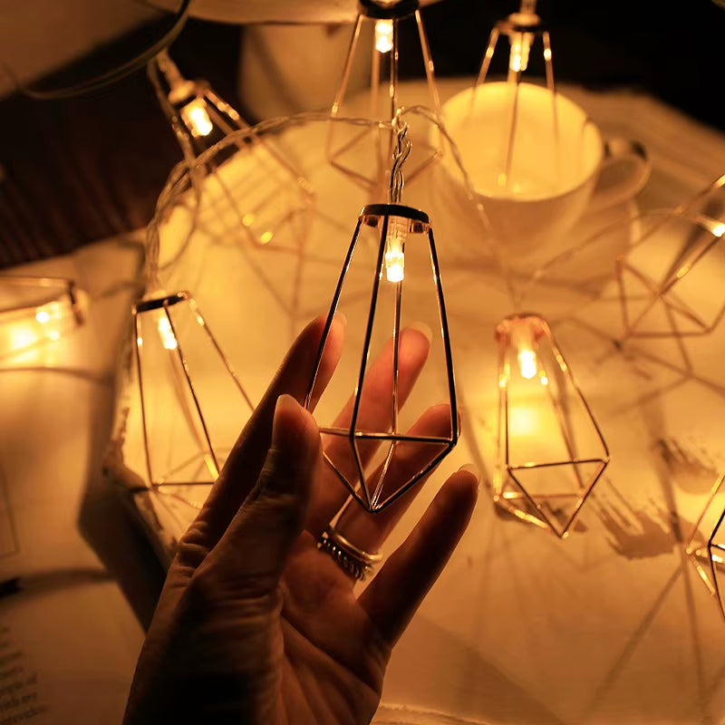 1.5M/3M Rose Gold Retro Iron Fairy String Lights Nordic Geometric Shape Christmas Wedding Party Home Decor Lantern String Lamp