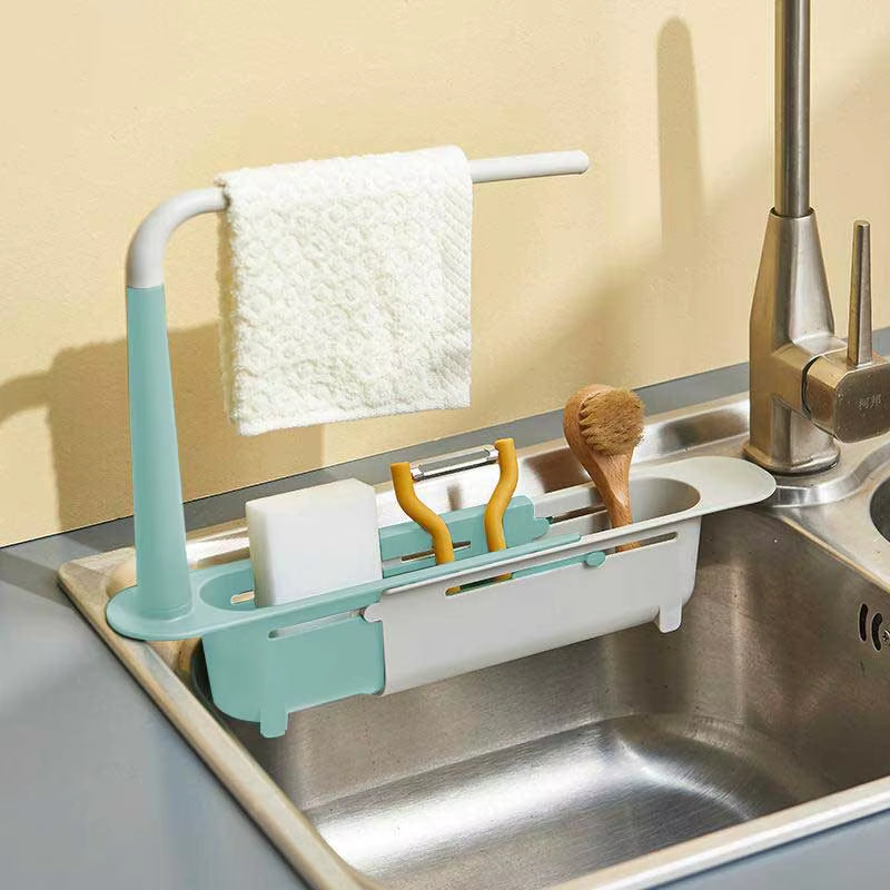 1Pc Multifunctional Telescopic Sink Storage Rack Upgraded Adjustable Sink Sponge Holder Expandable 2-In-1 for Home Kitchen