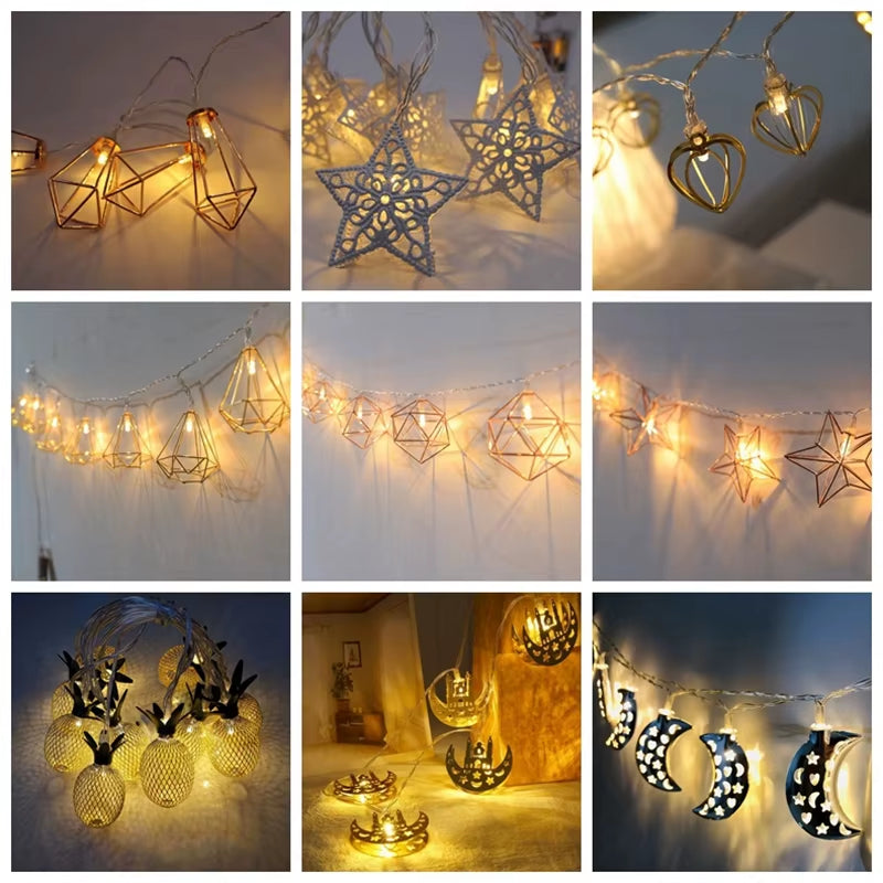 1.5M/3M Rose Gold Retro Iron Fairy String Lights Nordic Geometric Shape Christmas Wedding Party Home Decor Lantern String Lamp