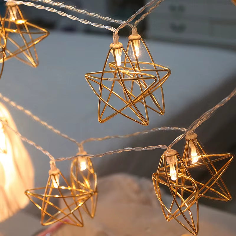 1.5M/3M Rose Gold Retro Iron Fairy String Lights Nordic Geometric Shape Christmas Wedding Party Home Decor Lantern String Lamp